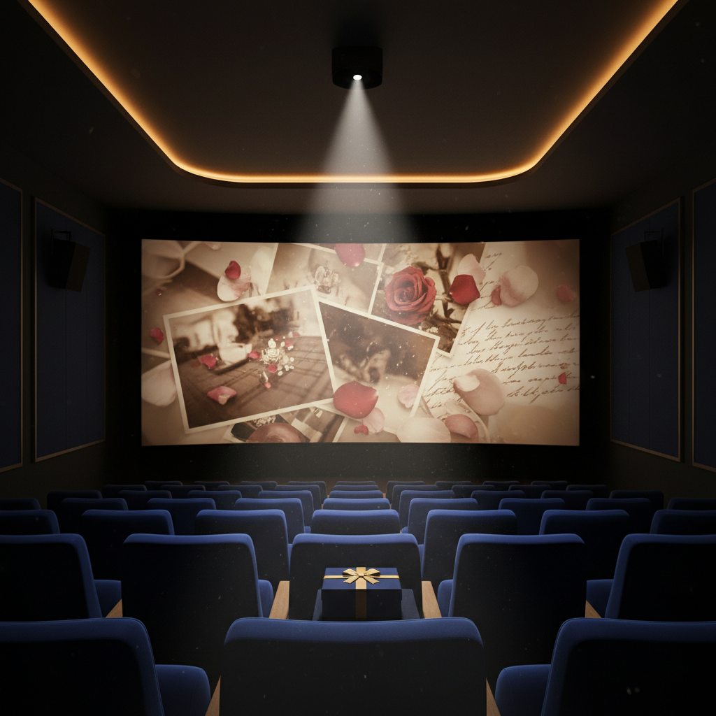 A grand, dimly lit private screening room with plush midnight-blue velvet seats and a single, beautifully wrapped presentation box resting on the center seat. On the massive screen, an out-of-focus, softly glowing frame shows an abstract montage of overlapping photographs, rose petals, and handwritten script, suggesting a story of devotion without revealing faces or text. A narrow beam from the projector cuts through faint dust motes, adding depth and drama. Warm cove lighting traces the ceiling, creating a halo effect around the room. Shot from the back row at a low angle, the composition leads the eye directly to the glowing screen and the gift box, evoking anticipation, intimacy, and cinematic sophistication.