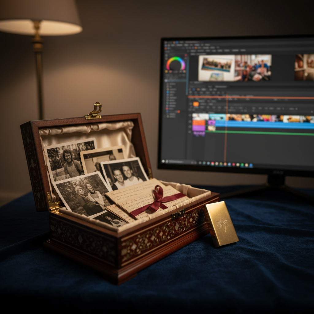 An ornate, handcrafted memory box slightly open on a velvet-draped table, revealing carefully arranged archival-quality photographs, a ribbon-tied bundle of handwritten letters, and a polished brass USB drive engraved with a subtle star motif. Behind it, an ultra-wide, curved monitor glows with a color-graded timeline of a tribute film, its interface softly blurred to maintain focus on the box. Dramatic side lighting from a single floor lamp casts moody, cinematic shadows, highlighting rich textures of paper, metal, and fabric. Captured at eye level with a gentle vignette, the scene feels luxurious and reverent, suggesting the beginning of a cinematic tribute that elevates everyday memories into a premiere-worthy love story.
