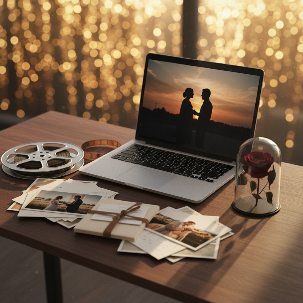 A meticulously arranged collection of elegant tribute film elements displayed on a dark walnut editing desk: a sleek silver laptop paused on a cinematic frame, a vintage film reel, a stack of finely printed matte photographs, and a delicate glass cloche covering a single dried rose. In the background, a large screen glows softly with an abstract bokeh of warm lights, hinting at a love story unfolding. Golden hour light spills through unseen windows, grazing the desk and creating long, cinematic shadows. Shot from a slightly elevated, three-quarter angle with shallow depth of field, the composition feels sophisticated, intimate, and quietly emotional, emphasizing the artistry of transforming memories into film with photographic realism and a refined, cinematic look.