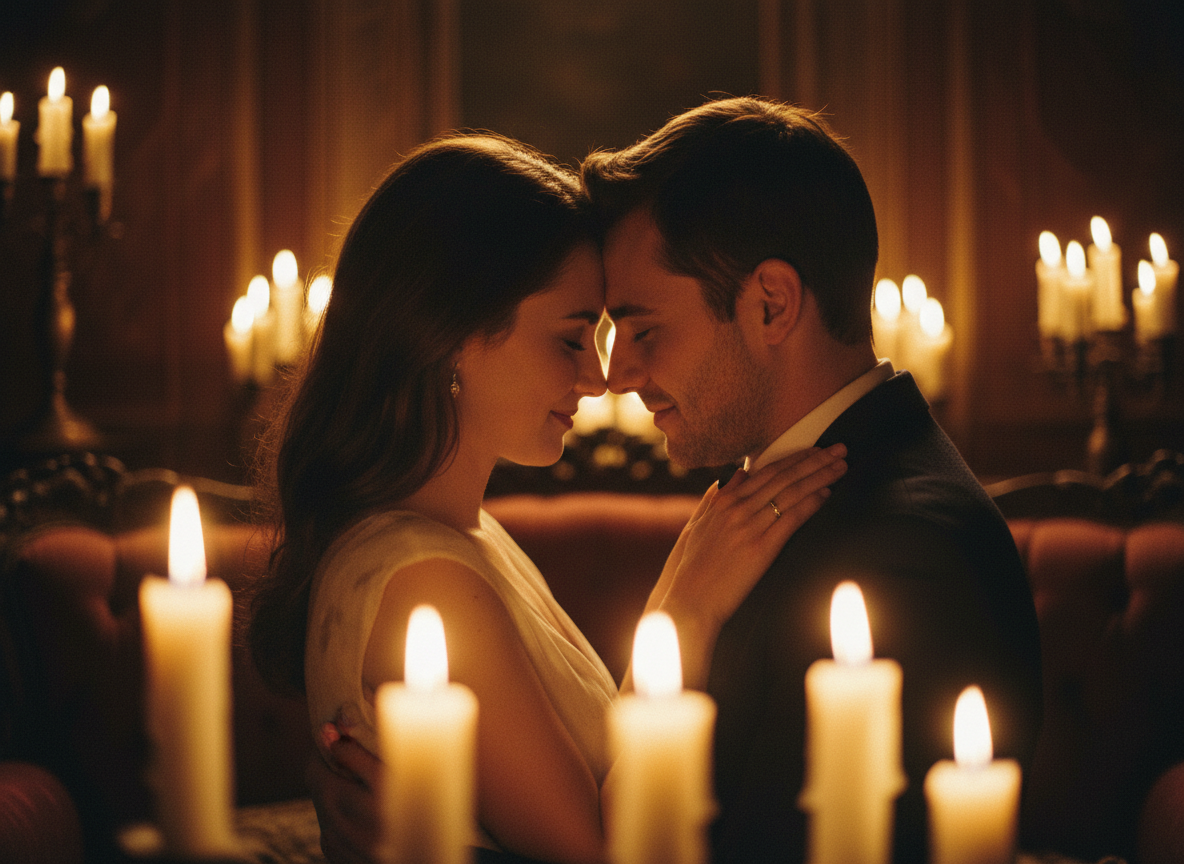 Cinematic film still of a couple in a warm candlelit embrace, close and intimate, foreheads nearly touching, soft golden candlelight glowing on their faces